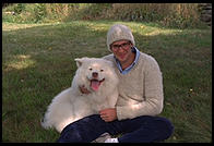Philip Greenspun (wearing dog-hair sweater) and George.  Boxford.  circa 1987.  Photo: Peter Sevcik.