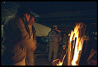 Staying warm around the fire, outside the Fulton Fish Market.  Manhattan 1994 (pre burning).