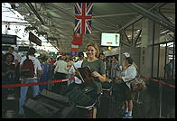 Eve standing in British Airways in Boston airport, heading for Stockholm