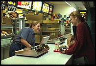 Eve at the big McDonalds across the street from the Royal Viking Hotel in Stockholm