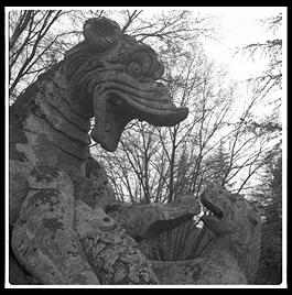 Parco dei Mostri (park of monsters), below the town of Bomarzo, Italy (1.5 hours north of Rome). This was the park of the 16th century Villa Orsini and is filled with grotesque sculptures.