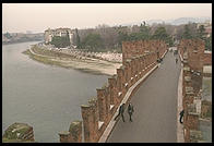 Verona's Ponte Scaligero, constructed in 1354 by Cangrande II, blown up by the Germans in 1945, dredged up by the Veronese and rebuilt after the War.