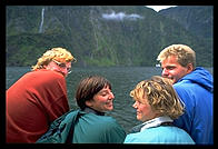 A gang from the Flying Kiwi on a cruise around Milford Sound.  South Island, New Zealand.