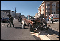 Light pole fallen on pickup truck